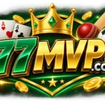 A logo for 77MVP, featuring "77 MVP" in bold, metallic text on a green badge. The badge is set within a gold, arched frame, with playing cards and casino chips in the background and a gold crown at the top. Below the badge, the web address is displayed.