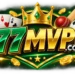 A logo for 77MVP, featuring "77 MVP" in bold, metallic text on a green badge. The badge is set within a gold, arched frame, with playing cards and casino chips in the background and a gold crown at the top. Below the badge, the web address is displayed.