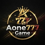 > A sophisticated, circular golden badge logo for 'Aone777 Game'. Against a textured, carbon-fiber style background, it features a stylized 'A' with a crown on top. Directly below are gold numbers '777' with an upward-pointing arrow originating from them, and two small gold coin stacks. The primary brand name 'Aone777' is written in gold below the emblem. Underneath in silver text, it reads 'Game', followed by the tagline 'Your Mobile Earning Center'. The entire design is enclosed by a prominent golden ring, with a light streak moving through it.