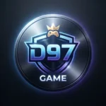 `D97 Game logo featuring glowing blue and purple text on a dark metallic circular badge with a crown emblem`