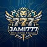 Jami777 online gaming logo featuring a golden lion crest, metallic 777 typography, and "Online Games & Bonuses" subtitle on a dark blue circuit background.