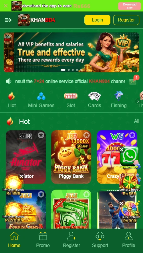 Mobile homepage interface of the KHAN804 online gaming app showing game categories and popular games like Aviator, Piggy Bank, and Crazy777.
