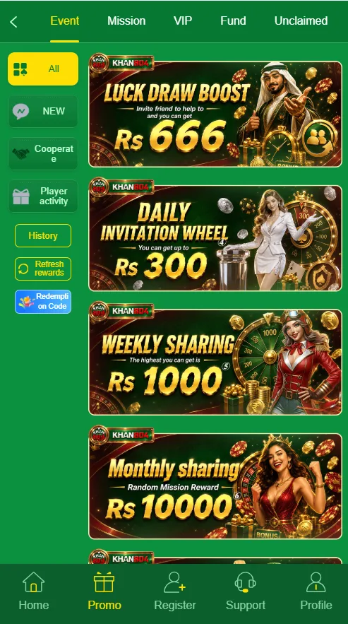 Khan804 mobile app event interface featuring Luck Draw Boost and Daily Invitation Wheel promotional banners with cash rewards.
