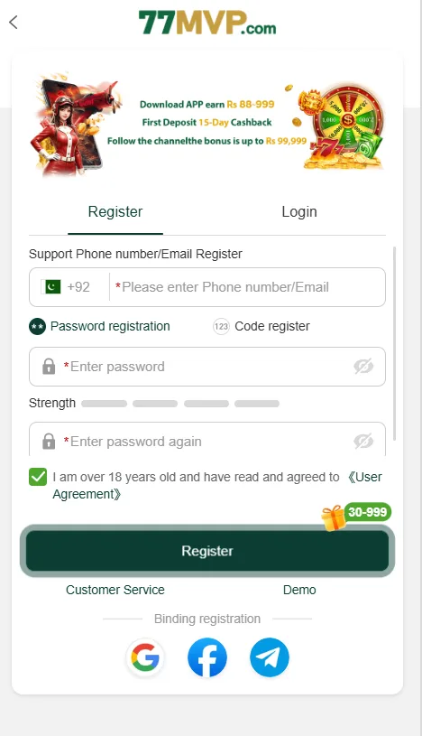A mobile screenshot showing the registration screen on 77MVP.com. The page features a top promotional banner highlighting app download earnings, a 15-day cashback offer, and channel bonuses. Below the banner are **Register** and **Login** tabs, along with input fields for entering a phone number or email, selecting password registration, and creating a account password.