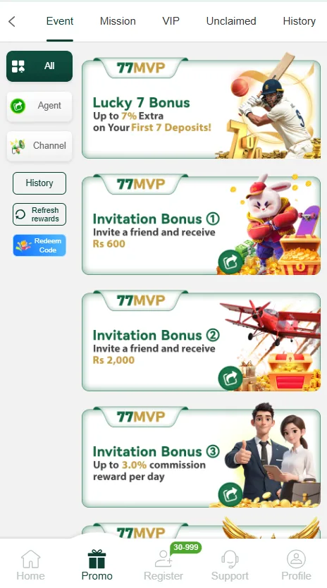 A mobile screenshot displaying the promotions and reward options on 77MVP.com. It highlights cards for the Lucky 7 Bonus (up to 7% extra on first 7 deposits) featuring a cricketer artwork, Invitation Bonus 1 (Invite a friend and receive Rs 600) featuring a stylized rabbit, and Invitation Bonus 2 (Invite a friend and receive Rs 2,000) displaying an airplane graphic.