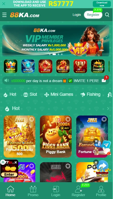 88KA Game mobile app homepage displaying VIP member privileges, promotional rewards, and game categories like Slot, Mini Games, and Fishing.
