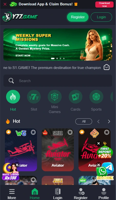 Y77 Game app home screen interface showing game categories, Aviator mini-game tiles, and promotional banners