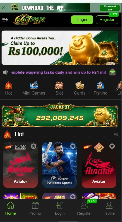 667Pak Game app homepage interface displaying promotional banners, game categories, and jackpot features