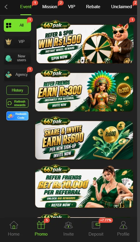 667Pak Game app promo page showing referral reward banners like Refer Friends Earn Rs300 and Share & Invite Earn Rs600