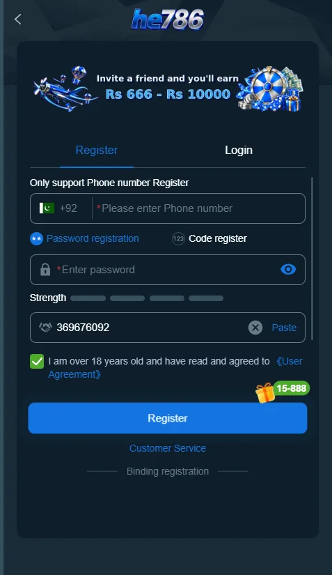 HE786 Game mobile login and registration screen with Pakistan phone number input field.