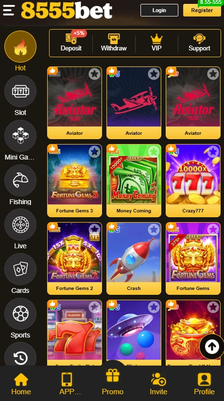 A mobile interface showing the 8555bet gaming app with top action buttons for Deposit, Withdraw, VIP, and Support, above featured crash games including Aviator.