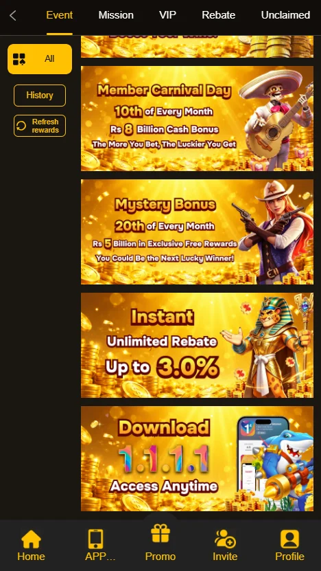 **Alt Text:**
Promotional banners on the 81CC gaming platform highlighting monthly cash bonuses, a 20th of the month mystery bonus, and an instant unlimited rebate of up to 3.0%.