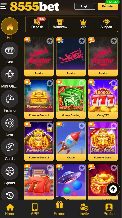Screenshot of the 8555bet mobile app header displaying the 8555bet logo, Login and Register buttons, and menu icons for Deposit, Withdraw, VIP, and Support.