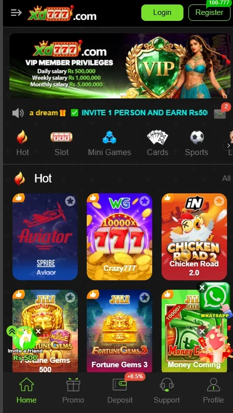XD777 game platform homepage interface displaying top navigation, brand logo, and Login and Register buttons.