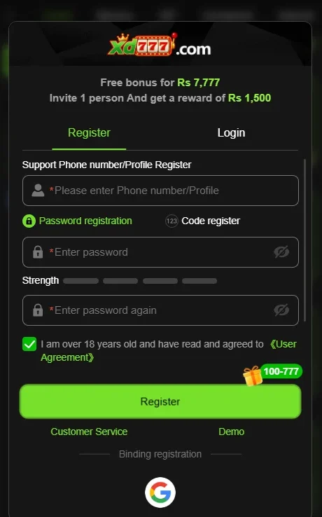 XD777 account registration screen featuring phone number verification, password creation, and age verification options.