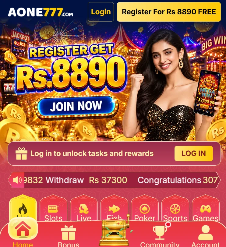 Promotional banner for Aone777 featuring a registration bonus offer of Rs 8890 with casino slot visuals and a woman holding a mobile phone displaying a game win.