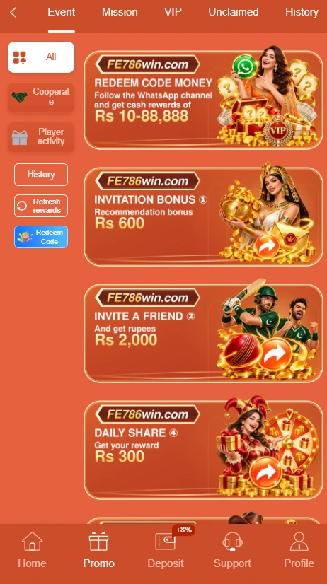 Fe786win game app interface showing promotions and reward mechanics options