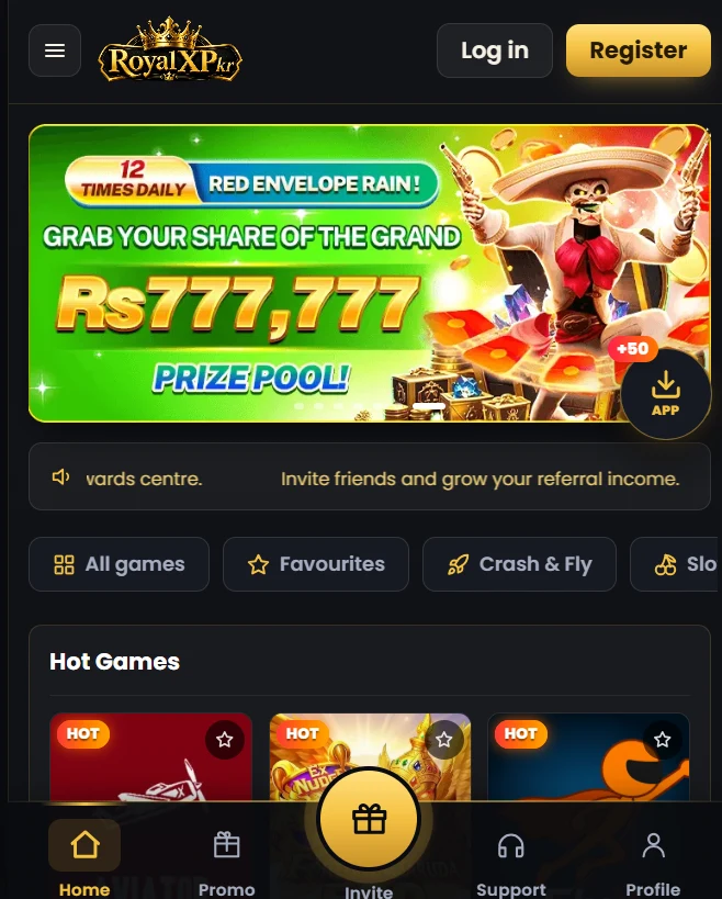 Royal XPkr mobile app home screen showing a promotional banner for the Rs 777,777 prize pool, game category filter buttons, and a floating "+50 APP" download icon.