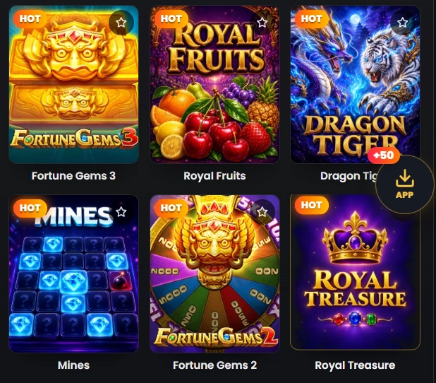 Royal XPkr Slots category selection featuring games such as Fortune Gems, Super Ace, and Money Coming.