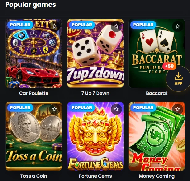 Royal XPkr Table & Card games interface displaying available games like Baccarat, Dragon Tiger, and Toss a Coin.