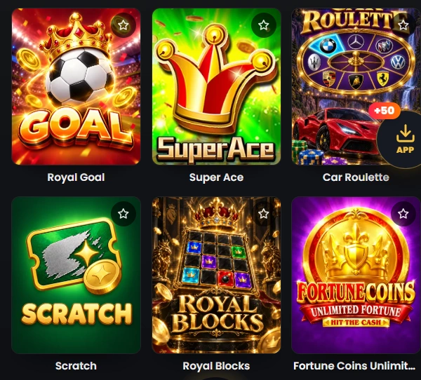 Royal XPkr Crash & Instant Win games section showcasing titles like Aviator and FlyX