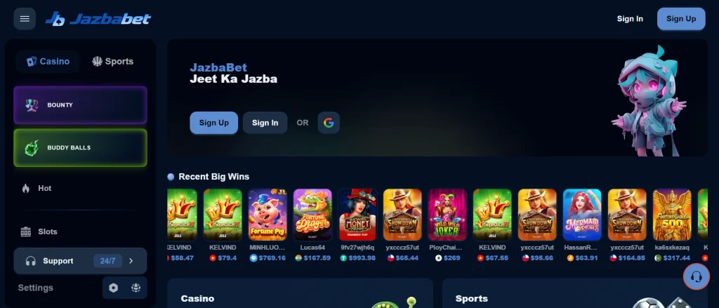 JazbaBet platform dashboard interface showing sidebar navigation menus, login options, and the "Recent Big Wins" game ticker.
