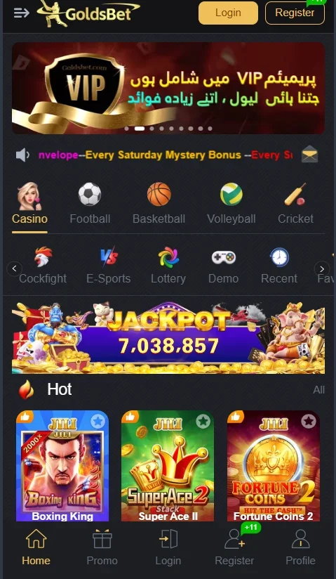 Goldsbet mobile-style homepage interface showcasing the dark and gold layout, game categories, and promotional banners.