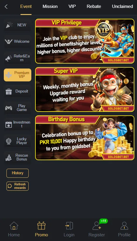 Goldsbet VIP promotional banner featuring gold ribbons, Urdu text highlighting VIP benefits, and a bottom scrolling announcement bar for a mystery bonus.