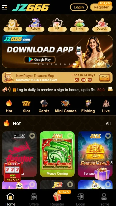 Z666 Game home dashboard interface displaying top navigation options, app download banner, and New Player Treasure Map event