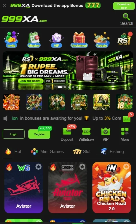999XA Game user account dashboard displaying balance, deposit, and withdrawal options
