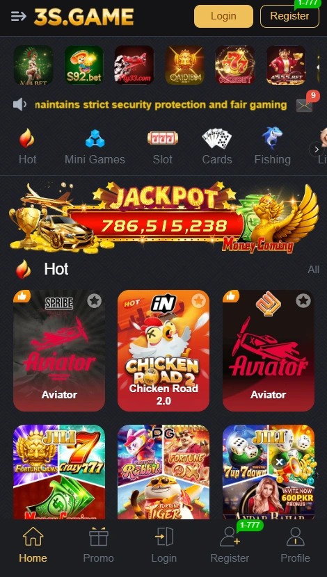 3S Game main dashboard featuring Login and Register buttons, fair gaming announcement banner, and game category menu