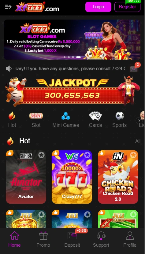 XF777 Game mobile app dashboard interface displaying popular casino slot titles, hot games menu, and progressive jackpot total