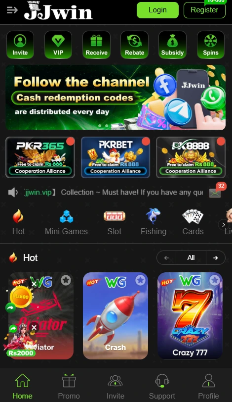 JJwin mobile app homepage interface displaying game categories, promotional banners, and navigation shortcuts.
