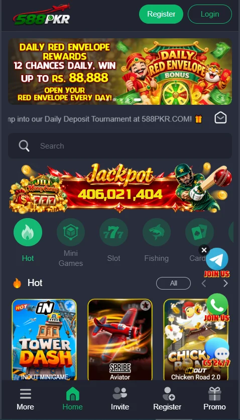 588pkr mobile homepage interface displaying promotional reward banners, jackpot total, search bar, and game category navigation.
