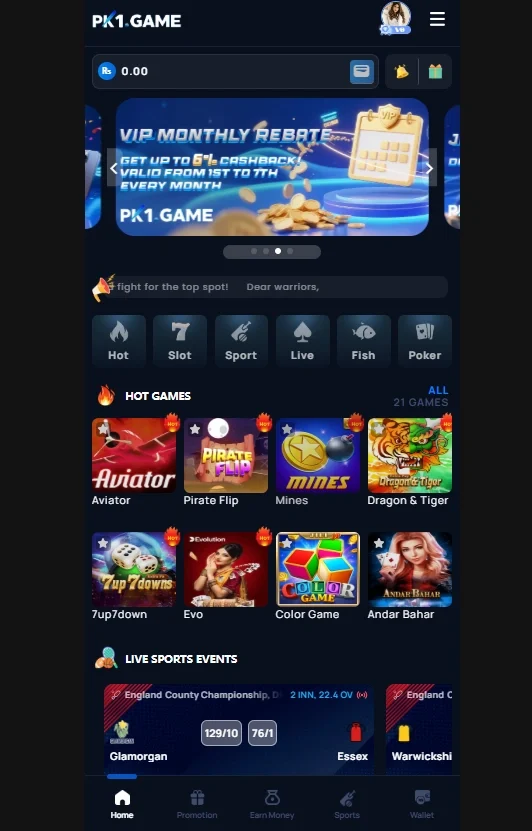 Smartphone screen showing the PK1.GAME mobile interface, account balance, navigation header, and VIP Monthly Rebate banner.