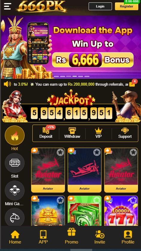 666PK game lobby displaying jackpot total and hot slot titles