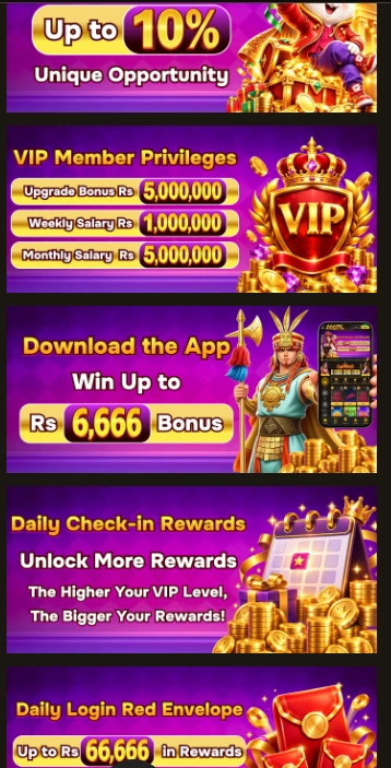 Promotional banners for 666PK daily check-in rewards and login red envelope bonuses
