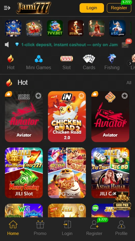 Jami777 mobile app homepage interface displaying game categories including Hot, Mini Games, Slot, Cards, and Fishing alongside popular games like Aviator and Chicken Road 2.0.