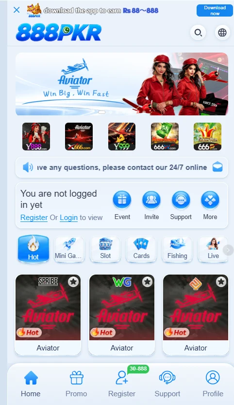 888PKR mobile app dashboard displaying user login menu, game categories including Hot, Slot, and Cards, and featured Aviator game cards.