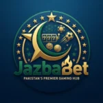Circular JazbaBet logo featuring a crescent moon, gold stars, slot machine reels (777), sports equipment (cricket ball, soccer ball, dice), and green and gold typography.