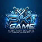 PK1 Game official logo featuring futuristic metallic blue text with Global Arena Challenge slogan on a dark glowing background.