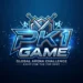 PK1 Game official logo featuring futuristic metallic blue text with Global Arena Challenge slogan on a dark glowing background.