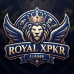 Royal XPkr Game logo featuring a golden lion head wearing a crown, flanked by stylized blue wings and casino icons, above a gold banner with the text ROYAL XPKR GAME on a dark background.